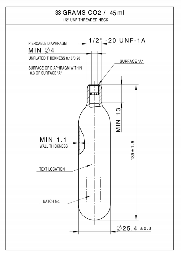 45CC( 33g ) CO2 cartridges & CO2 gas cylinder size chart
