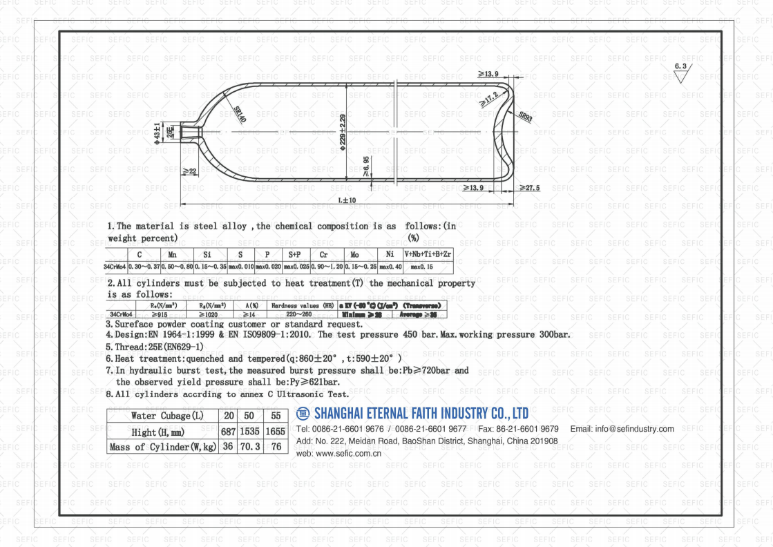 ISO9809-1 standard gas cylinder size chart φ229 40L 200Bar