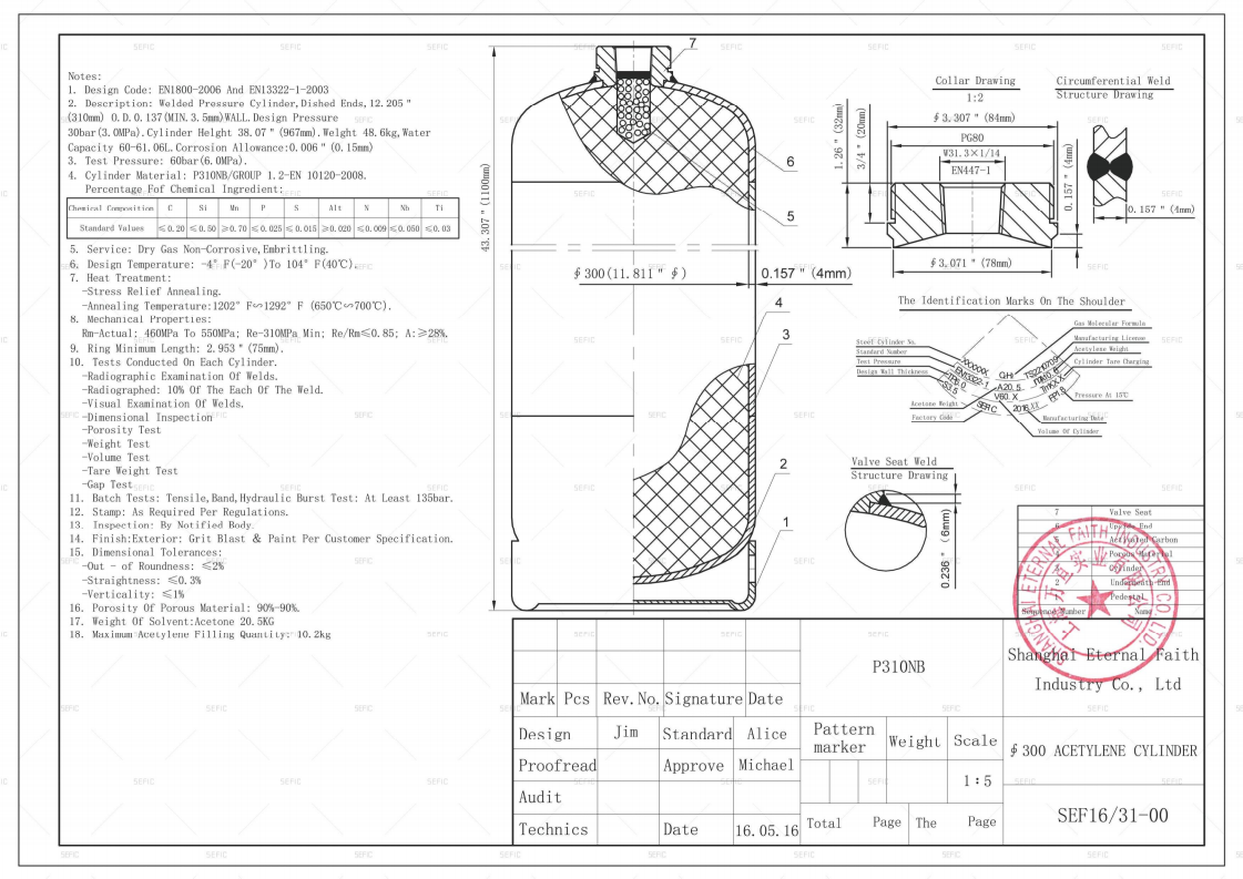 EN 1800 & EN13322 Acetylene cylinder φ300 60L 30Bar